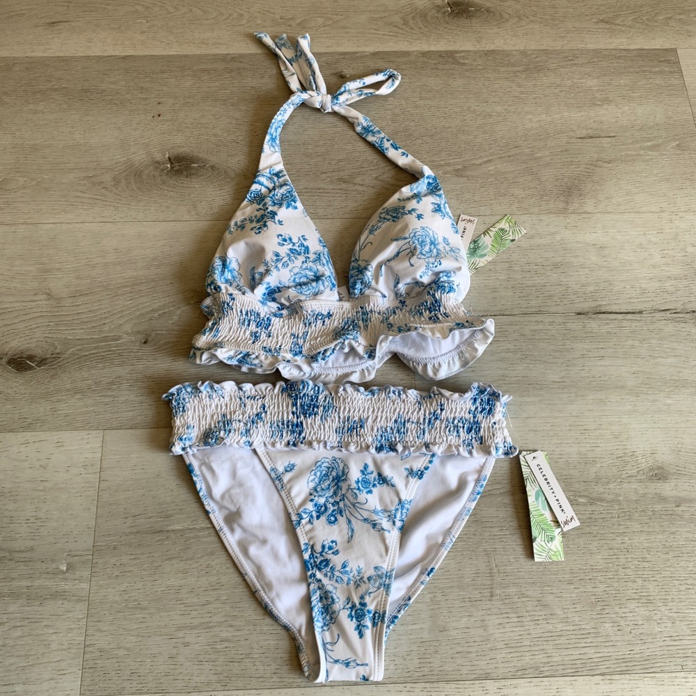 Celebrity Pink Swim Blue Floral Smocked Bikini Set Halter Ruffle Two Piece Small